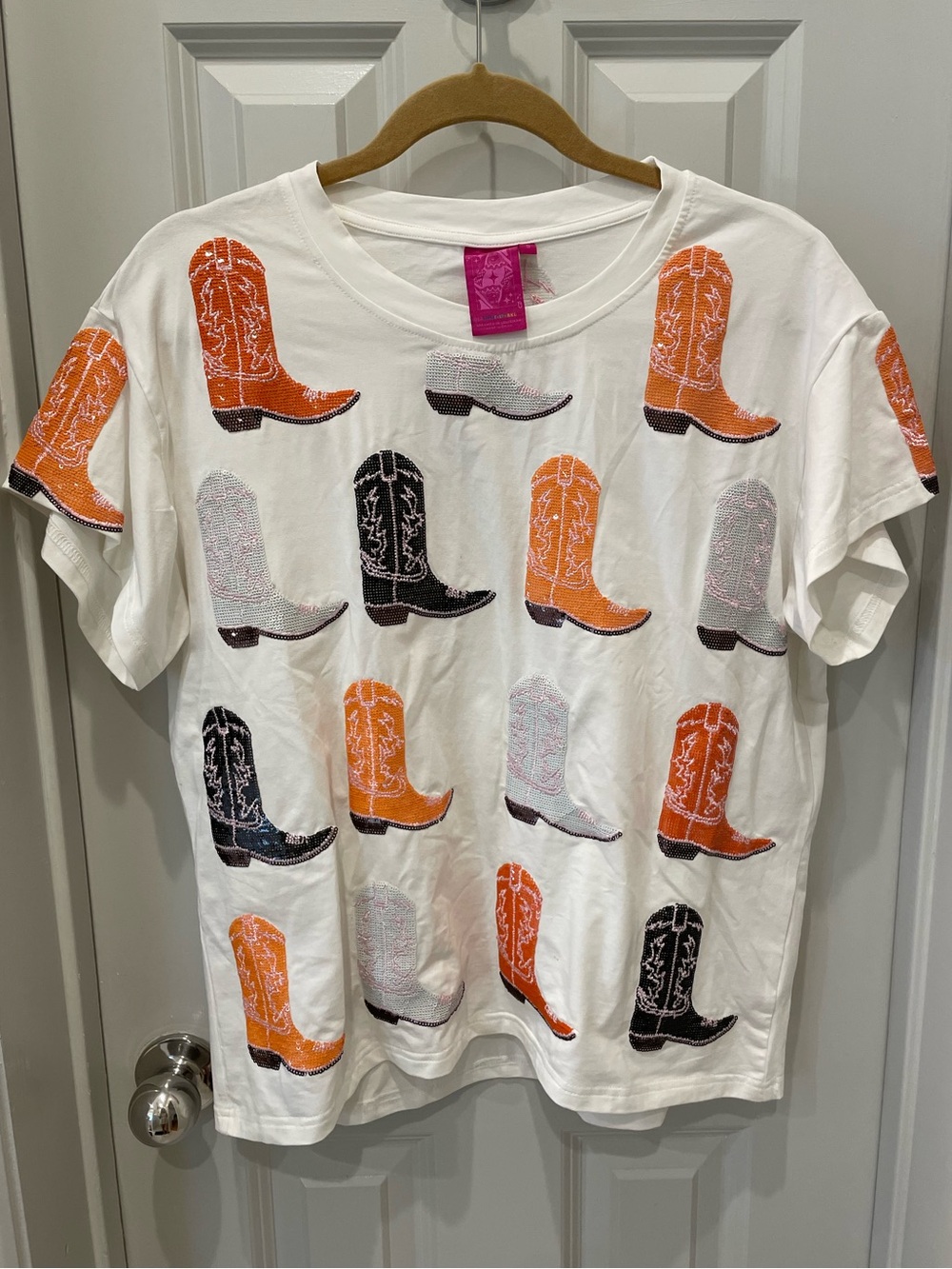 QUEEN OF SPARKLES White Tee with Orange, Black & Light Gray Cowboy Boots